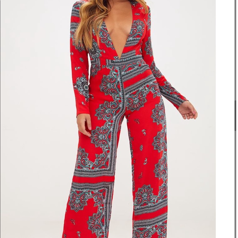 Red Scarf Print Longle Sleeve Plunge Jumpsuit